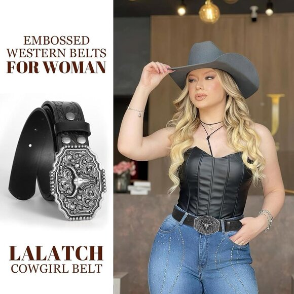 Western Belts for Woman Men, Cowboy Cowgirl Belt Embossed Western Country Bull B - Picture 8 of 9